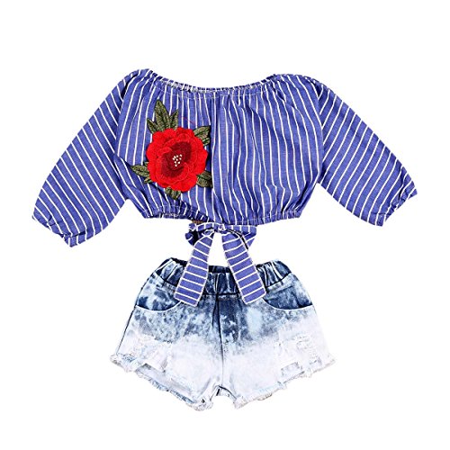 Fashion Kid Baby Girls Striped Crop Tops T Shirts Blouse Denim Short Jeans Pants Outfits (Blue, 1-2T)