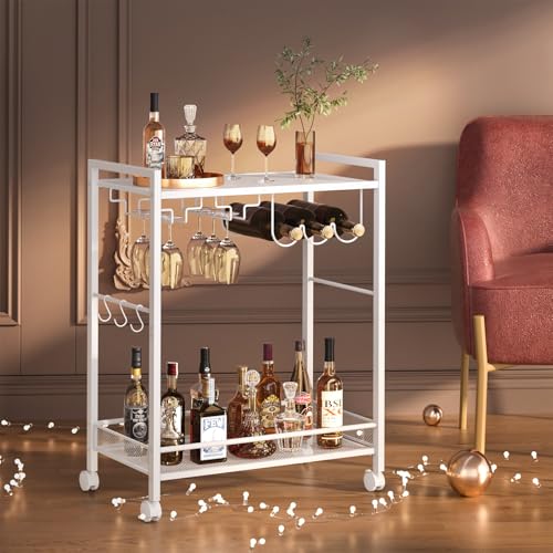 Image of Joaxswe Bar Cart,2-Tier Home Bar Serving Cart with Lockable Wheels,White