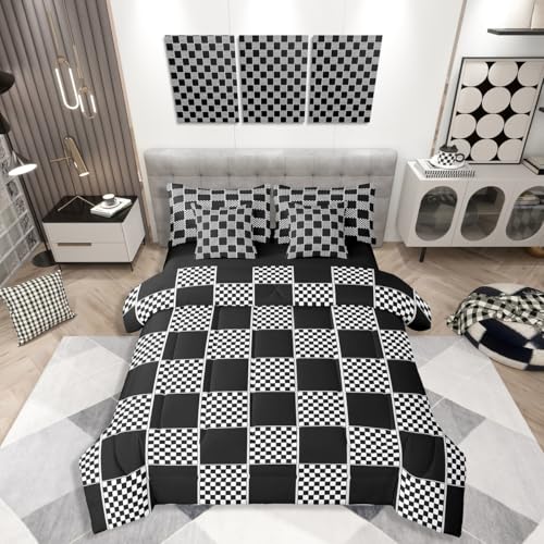 Image of Erosebridal Geometric Checkered Full Bed in A Bag 7 Piece Black White Buffalo Plaid Comforter Set with Sheets Checkerboard Gingham Bedding Sets for Kids Boys Teen,Modern Fashion Grids Bed Set