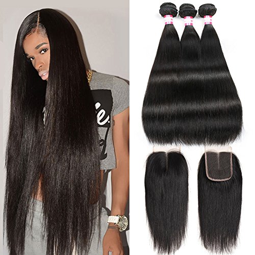 CYNOSURE Brazilian Virgin Hair Straight 3 Bundles with Closure 4x4 Middle Part Human