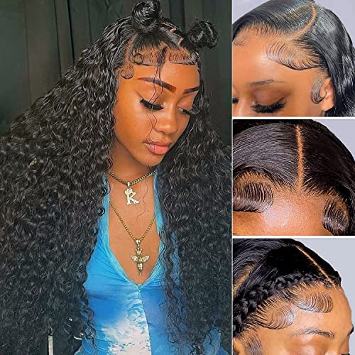 Image of HD Transparent Lace Front Wigs Human Hair Water Wave 13x4 Lace Frontal Wigs for Women Brazilian Deep Wave Human Hair Wigs with Baby Hair Pre Plucked Natural Hairline Wigs 180% density 26 Inch