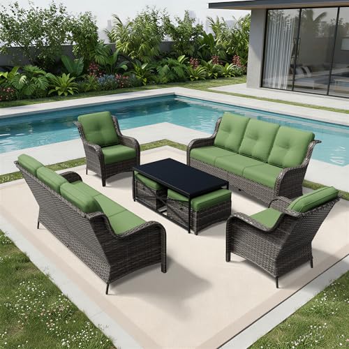 Image of Joyside 7 Piece Wicker Patio Furniture Set, Rattan Patio Chairs with High Back, Deep Seating, Wide Armrest, Thickened Cushions, Outdoor Furniture for Deck, Porch Use
