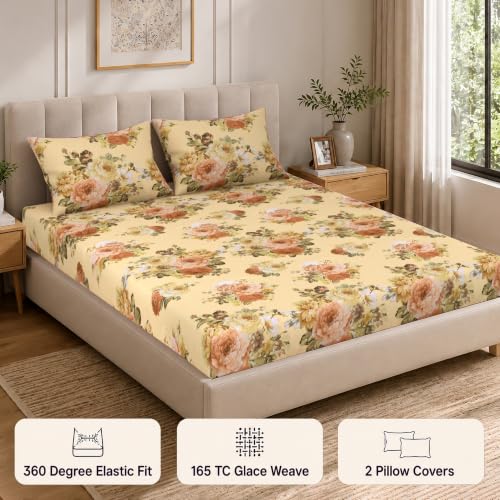 Image of Cloth Fusion Glace Cotton Elastic Fitted Bedsheet King Size 78x72 inch | Blush Bouquet, 2 Pillow Covers, 165 TC, Soft, Cotton Blend, 360 Grip, Fits Up to 8 in Mattress, Quick-Drying