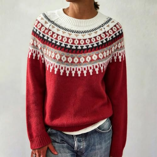 Womens Fair Isle Sweaters Oversized Vintage Cozy Knit Pullover Sweaters Wine #2 L - image 2