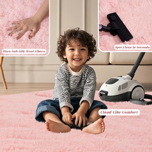 Pink Fluffy Rugs for Bedoom Girls, 3x5 Small Soft Faux Fur Area Rug - Cozy Fuzzy Plush Non-Slip Shaggy Carpet for Living Room, Kids Girls Room Home Dorm Nursery