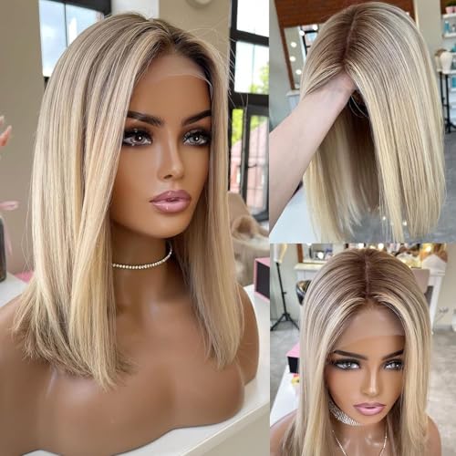 Ombre Ash Blonde Wigs Human Hair for Women 12A 12In 180%