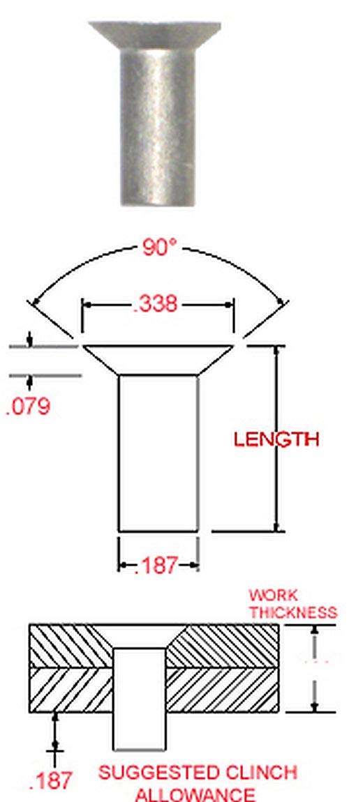 3/16 Diameter X 5/8 Length - 90° COUNTERSUNK Solid Rivet, 300 Series Stainless, Plain Finish (Pack of 1 Pound -Approximately 178 Pieces)