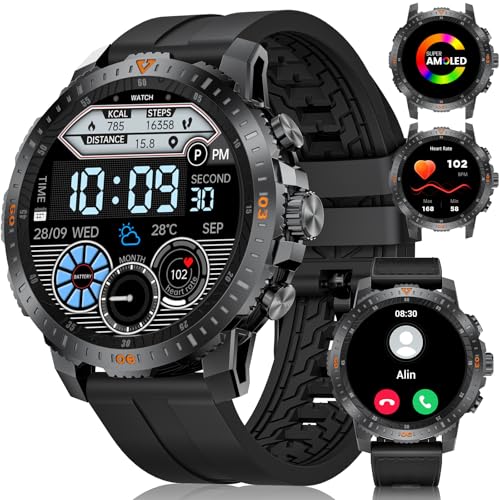 LIGE Reloj Inteligente Hombre Militar,1,43'' AMOLED/500mAh/Llamadas/24H Pulsómetro/Monitor de Sueño/Podómetro/100+ Modos Deportivos P68 Impermeable Android iOS (FV7-B-Nylon Negro + Silicona Negra)