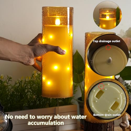 Image of kakoya 11 inch x 4 inch Large Outdoor Waterproof Flameless LED Candles with Remote and Timer,Acrylic Pillar Candles Battery Operated with Embedded Star String for Porch,Patio,Outdoor Decor,Set of 2(Gold)