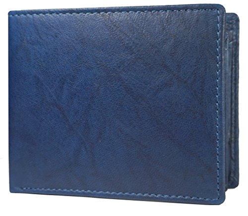 Genuine Goat Leather Bifold Slim Thin Mens Wallet Center Flap Credit Card ID Blue4