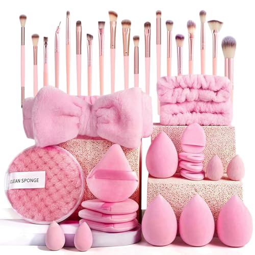 MAYCREATE® Set of 40 Makeup Brushes Kit Face Washing Hair Bands Combo Set, Stylish Pink Make Up Brush with Flannel Bow Headband, Wrist Bands, Face Cleaning Pad, Beauty Blender Sponges Kit