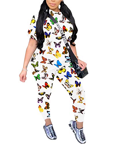 2 Piece Outfits for Women - Casual Butterfly Prints Two Pc Short Sleeve T Shirts + Long Skinny Pants Set Tracksuit Jumpsuits Rompers Activewear Sportswear White XX-Large