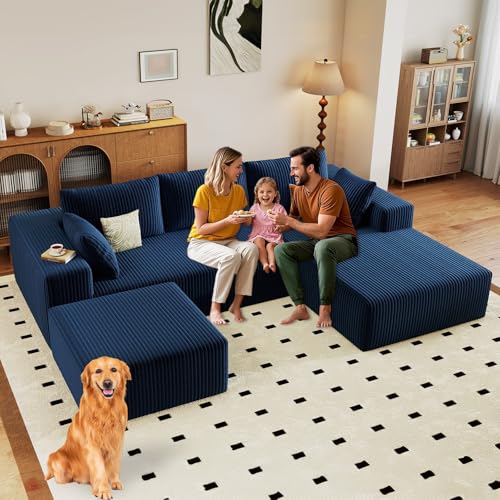 Image of 96 inch Modular Sectional Sofa with Ottoman, Modern Corduroy Cloud Couch with Deep Seat, Boneless Couch Upholstered 3-Seater U-Shaped Sofa for Living Room, No Assembly (Blue, Right-Facing Chaise)
