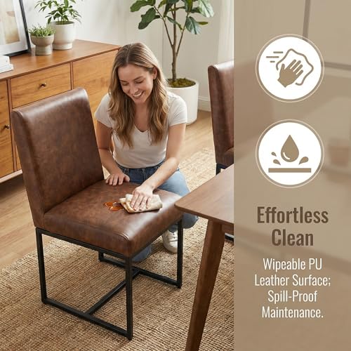 Image of HNY Modern Dining Chairs Set of 6, Upholstered Leather Dining Room Chairs with Ergonomic Back & Metal Frame for Home, Kitchen, Apartment, Brown