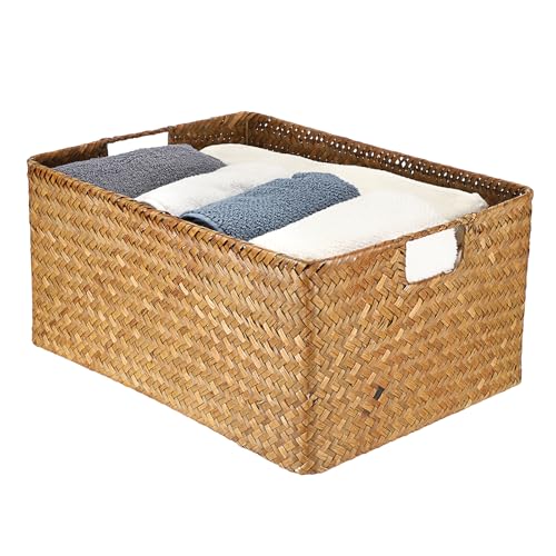 IGNPION Seagrass Storage Basket Woven Seagrass Desktop Baskets Rectangular Bathroom Storage Organiser Box, Shelves & Desks Decorative Basket Multipurpose storage Hamper, Large (Caramel, XL) - Cosy Home Interiors IGNPION Seagrass Storage Basket Woven Seagrass Desktop Baskets Rectangular Bathroom Storage Organiser Box, Shelves & Desks Decorative Basket Multipurpose storage Hamper, Large (Caramel, XL)
