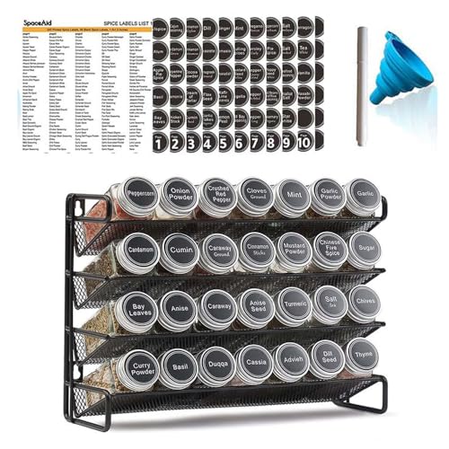 GANGHUI Spice Jars 4-Tier Stackable Spice Racks with 28 Glass Spice Jars Seasoning Bottle Organizer with 386 Labels with Chalk Marker and Funnel Complete Set for Countertop Cabinet or Wall Mount