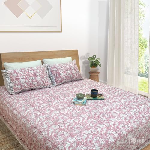 Image of TOAI Hand Block Printed Bedsheet | Bed Spread Flatsheet Bed Sheet | Pure Cotton | Queen Size 90 inchx108 inch | 210 TC Luxury Cotton | 2 Reversible Pillow Covers |Pink Bird Kalamkari
