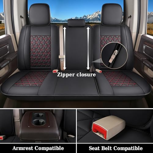 Image of Coverado Leather Car Seat Covers, Waterproof Dooge Ram 1500 Seat Covers Compatible with 2002-2026 Dodge Ram 1500 2500 3500 with Flat Bench (Full Set, Black&Red line)