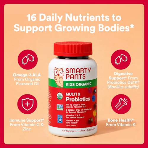 Image of SmartyPants Organic Kids Multivitamin Gummies: Probiotics, Omega 3 (ALA), Vitamin D3, C, Vitamin B12, B6, A, K & Zinc for Immune Support, Biotin, Three Fruit Flavors, 120 Count (30 Day Supply)