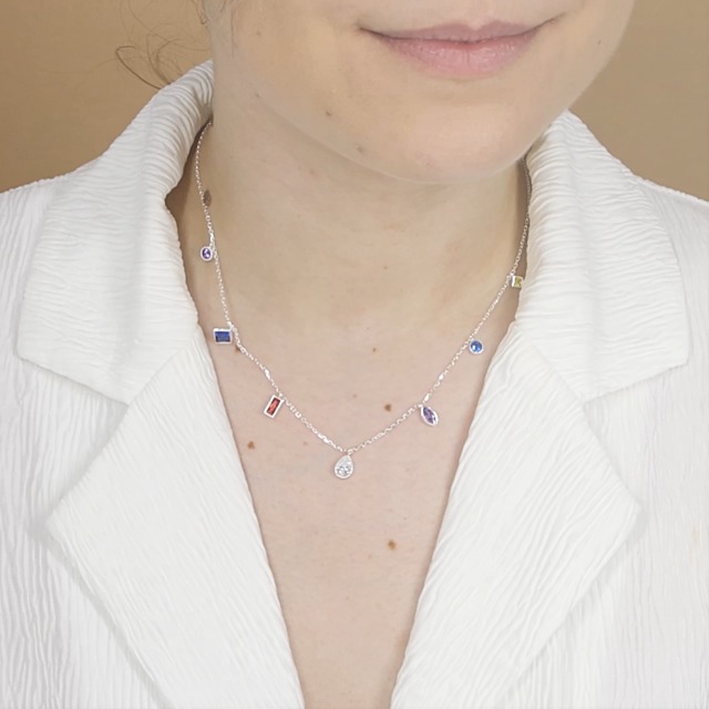 Collana In Argento 925 Con Ciondoli Multipli E Zirconi Colorati – Girocollo Elegante Con Catena Regolabile, Gioiello Donna, Confezione Regalo