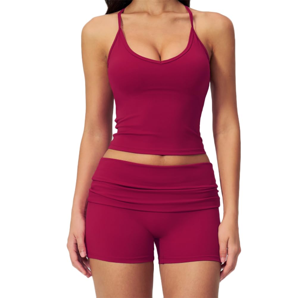 XYFfybhsd Women's Breathable Lightweight Yoga Sports Wear Tank Top Two Piece Gym Jogging Biker Shorts Set (Size:S,Color:Red)