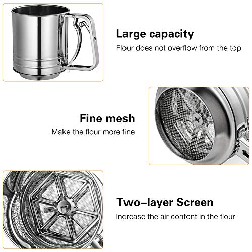Stainless Steel Hand-held Flour Sifter with Handle,Metal Squeeze Fine Mesh Sieve for Baking,4 Cup Capacity Flour Sieve Cup for Powered Sugar