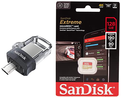 Image of SanDisk Extreme microSD UHS I Card 128GB for 4K Video on Smartphones,Action Cams 190MB /s Read,80MB /s Write & Ultra Dual 64 GB USB 3.0 OTG Pen Drive (Black)