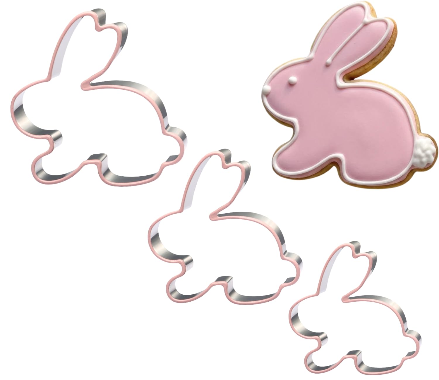 UKoosien Hasen Keksausstecher 3er Set – Osterhase Ausstecher mit Silikon-Schutzrand, Edelstahl, 10/8 / 6 cm, 2,0 cm tief, Plätzchen, Fondant & Sandwich Ausstechformen, Spülmaschinenfest