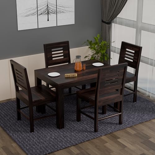 Image of 45 Inch Length Solid Sheesham Wood 4 Seater Dining Table Set | Four Seater Dinner Table with 4 Chairs | Dinning Table Set 4 Seater for Living Room | Wooden Table & Chair Set | Walnut Finish