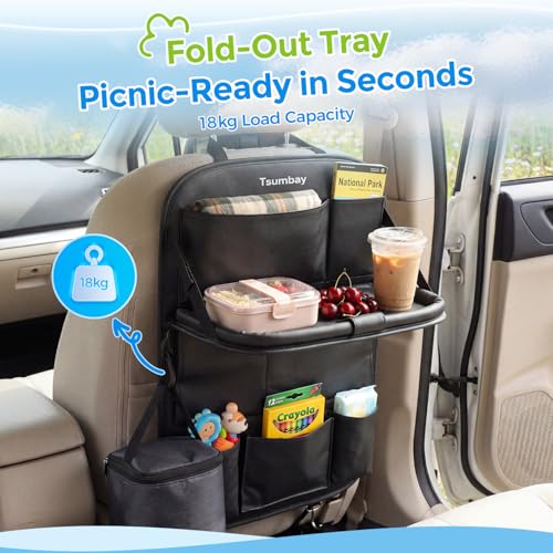Image of Tsumbay Car Backseat Organizer with Tablet Holder,9 Storage Pockets Foldable Table Tray Seat Back Protectors Kick Mats -PU Leather 1Pck