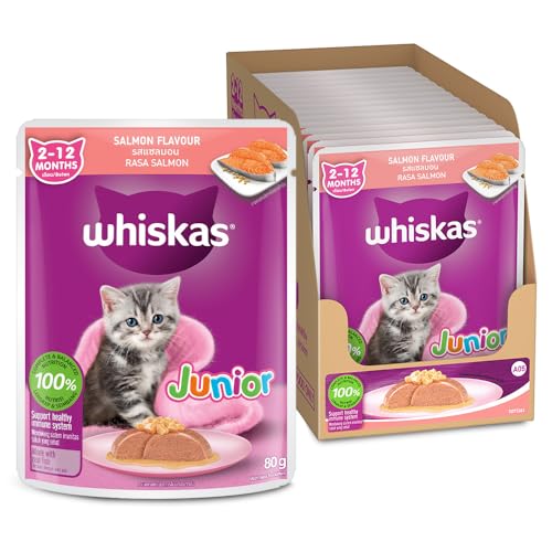 Image of Whiskas Junior Kitten (2-12 Months) Wet Cat Food, Salmon in Jelly Flavour, 80 g (Pack of 14), Hydrating Food Made with Real Fish, 100% Complete & Balanced Nutrition for Kittens
