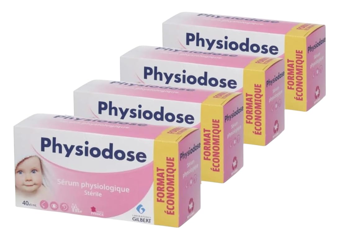 PhysiodoseSaline Solution Baby – Pack of 4 Boxes with 40 Single-Dose Vials of 5 ml – Sterile Normal Saline for Baby Nasal Drops, Eyes and Wound Cleansing