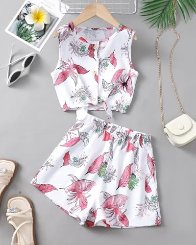 Image of YOURUIKEY Girls Summer Outfits Cute Clothes for Kids Hawaiian Beach Sleeveless Floral Crop Top Shorts Tween Girl Clothing Set