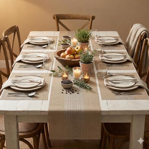 Image of YELONA Placemats and Table Runner Set - Heat Resistant, Non-Slip & Washable PVC Vinyl Dining Table Mats - Peanut Brown (6 Placemats: 45x30 cm, 1 Runner: 180x30 cm)