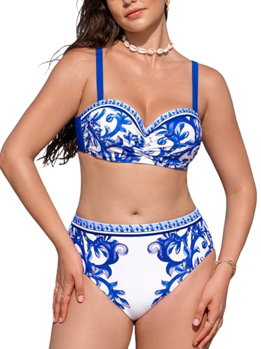 CUPSHE Women's Bikini Sets for Women Large Bust Two Piece High Waisted Swimsuit Bandeau Top Underwire Sweetheart Neck