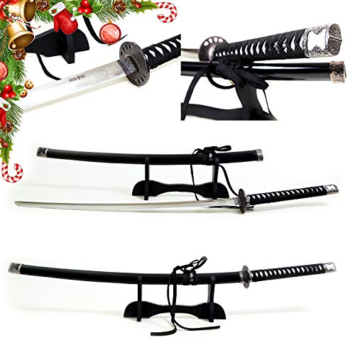 Grand Way Katana - Japanese Katana Sword - Stainless Steel Samurai Katana Set with Stand - Decorative Full Tang Ninja Katana - Traditional Ronin Long Blade Sword Kit Black Case and Cord Handle 4123