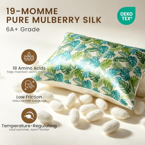 Image of THXSILK Set of 2 Natural Mulberry Silk Pillowcase for Hair and Skin, Mulberry Silk Bed Pillow Cover with Hidden Zipper, Hypoallergenic Organic Silk Pillowcase (King 20 inchx36 inch, Green Monstera Print)