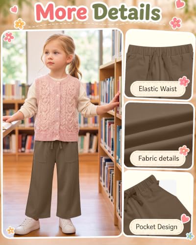 Image of Toddler Girls Wide Leg Pants | Baby Girls Sweatpants, Baggy Drawstring Pants with Pockets, Open Bottom Joggers, Back to School Trousers, for Kids 18M-5T