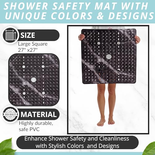 Image of ENKOSI Square Shower Mat 27x27 inch - Anti Slip Shower Stall Floor Mat - Non Slip Shower Mats with Strong Secure Suction Cups and Drain Holes in Middle (27x27 Marble Black)