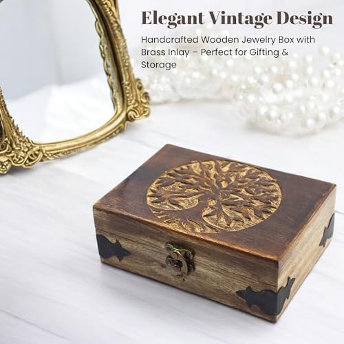 Image of Handmade Wooden Jewelry Box with Tree of Life Engraving - Antique Handcarved Keepsake Organizer for Women & Men | Solid Wood Storage Box for Jewelry, Trinkets, Gifts & Home Decor