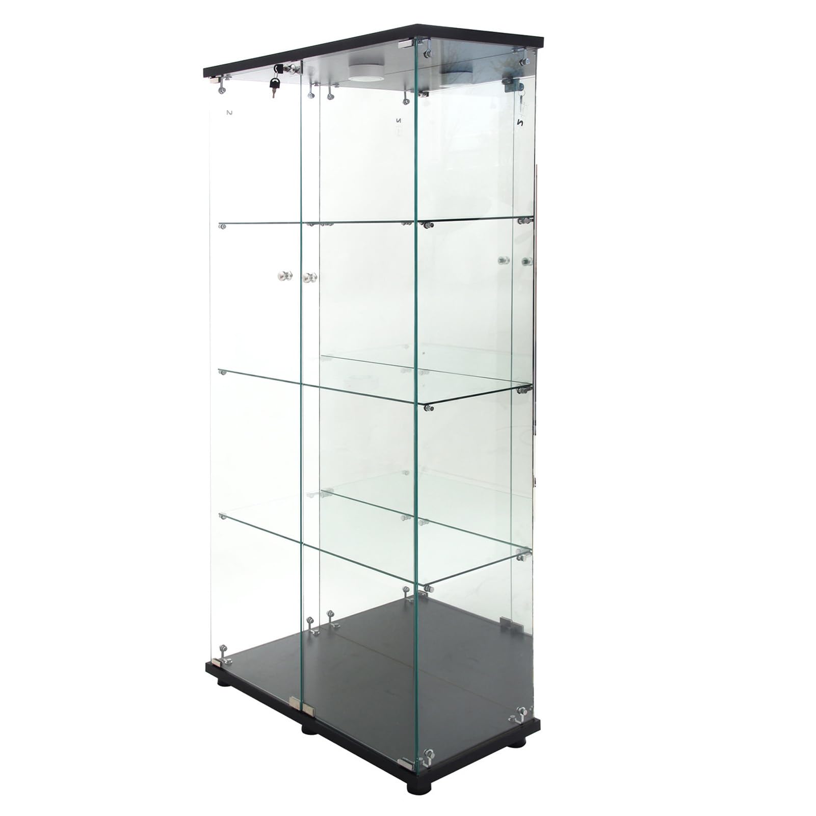 Vitrina de Cristal Moderna de 2 Puertas con iluminación LED, Vidrio Templado de Alta definición, con Cerradura y Base Estable, Ideal para salón, Dormitorio u Oficina (Espejo Negro, 4 étages)