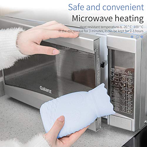 Microwave Heating Bottle Environmental Silicone Transparent Hot Water Bag with Knit Cover, Hot & Cold Therapies - Gift for Birthday, Christmas, Valentine\'s Day, Gift Exchange Party (Large, Blue)