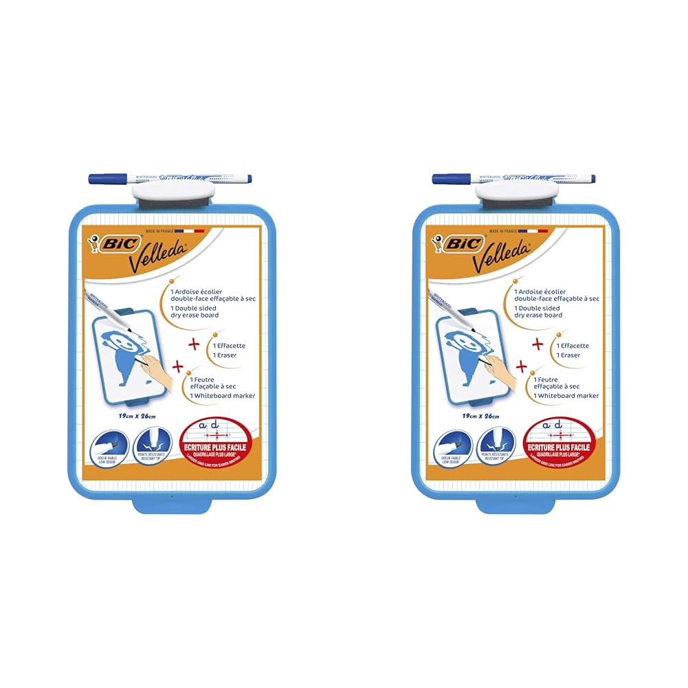 BIC Velleda Pizarra Blanca Pequeña de Borrado en Seco de Doble Cara con Rotulador Azul y Borrador, 19x26cm, Óptimo para material escolar (Paquete de 2)