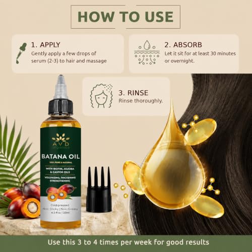 Image of AVD ORGANICS Batana Oil for Hair Growth 4.05 fl oz | Dr Sebi Organic Raw Batana Oil from Honduras | 100% Pure & Natural for thicker & stronger Hair | Ideal for Men & Women | 120ML