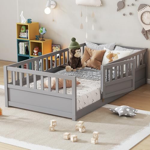 Image of Bellemave Twin Size Kids Montessori Floor Bed,Solid Wood Floor Bed Frame with High Fence and Lockable Door for Kids,Girls,Boys,Twin,Grey