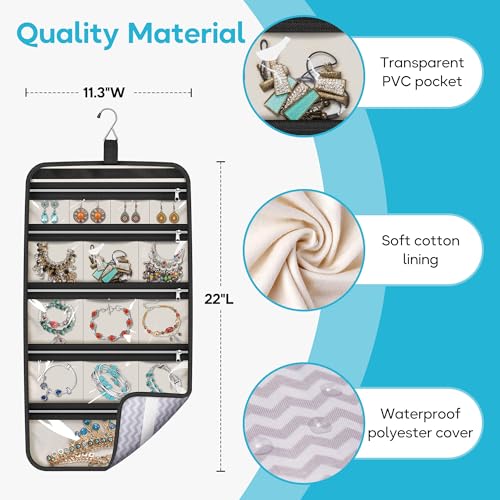 MISSLO Hanging Jewelry Organizer Travel Foldable Jewelry Roll Storage Case with 14 Cotton Zippered Pockets for Traveling, Closet, Suitcase - Image 6