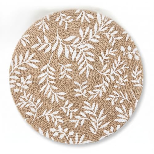 Image of GAZELLE LIVING Round Braided Dining Table Mat | Brown Floral Woven Placemats | Heat Resistant Washable Cotton Blend Table Place Mats for Kitchen & Boho Decor | 15 Inch | Set of 2
