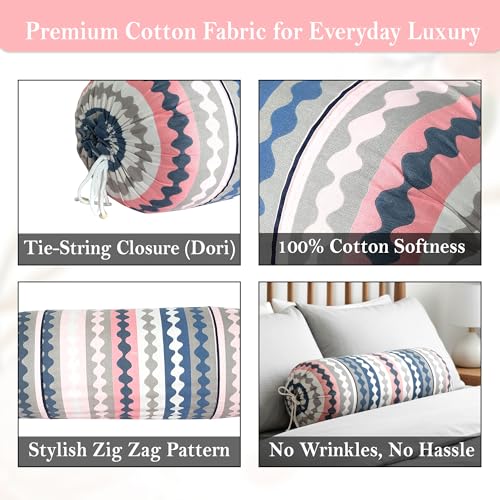 Image of GLUN Pack of 4 Zig Zag Multicolour Round Striped Bolster Pillow Covers, Size 16 inch x 30 inch (40 x 75 cm, Cream) Printed Polyester Silk Fabric for Living Room or Bedroom, Stylish & Modern Covers