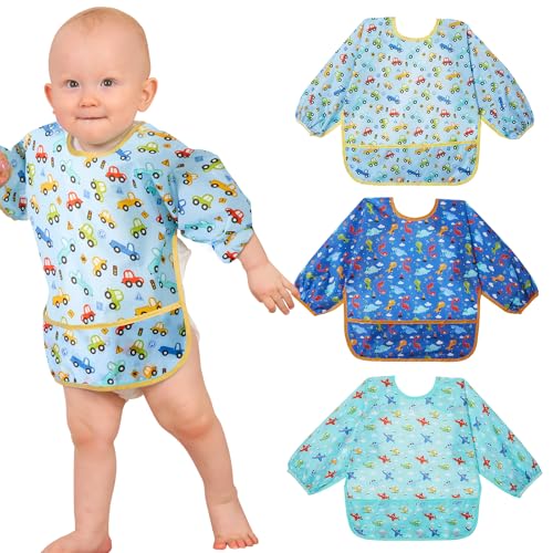 Image of Lictin 3 Packs Baby Bibs for Boy or Girl, Cute Long Sleeve Bib, Waterproof Bibs for Toddlers,Adjustable Closure Baby Smock, Mess Proof Baby Bib, 6-24 Months Reusable Infant Baby Bibs