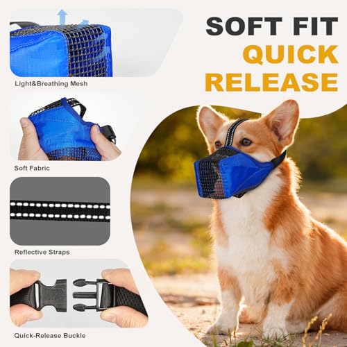 Image of Mesh Dog Muzzle, Breathable Soft Dog Muzzle with Reflective Straps for Secure Fit, Prevents Biting, Chewing Scavenging- Adjustable for Small Medium Large Dogs,Blue,S